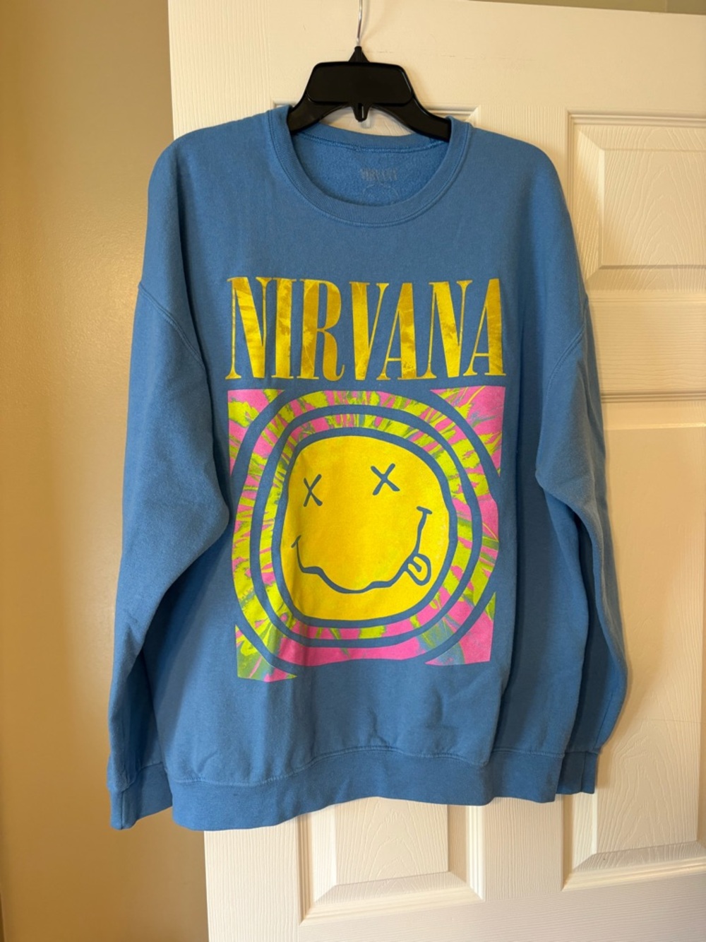 Nirvana Graphic Sweatshirt Blue Crewneck Smiley Face Logo Band Pullover Casual